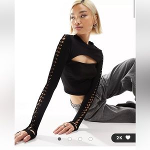 ASOS DESIGN cut out top with macrame sleeves in black